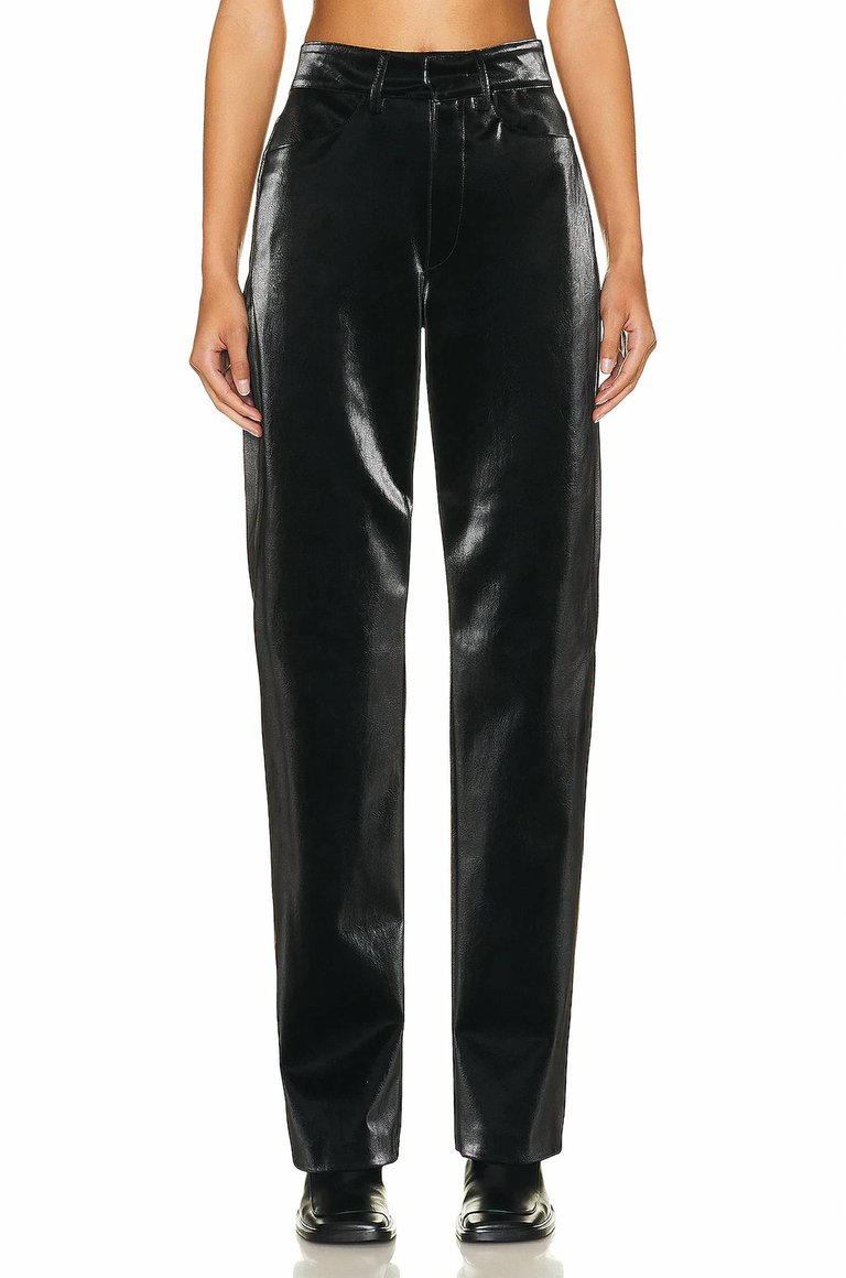 Satin Finish Vegan Leather Straight Leg Pant - Black