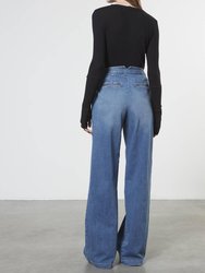 Soft Touch Pleated Wide Leg In Mid Wash