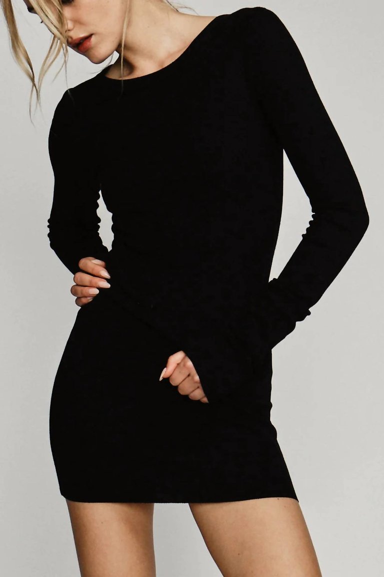 Textured Knit Long Sleeve Mini Dress - Black