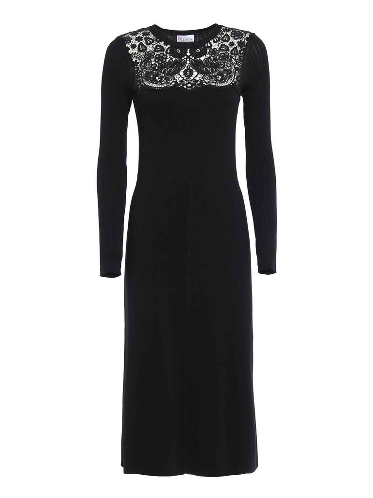 Knit Lace Long Sleeve Dress In Black