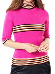 Scallop & Stripe Edge Turtleneck Sweater - Fushia