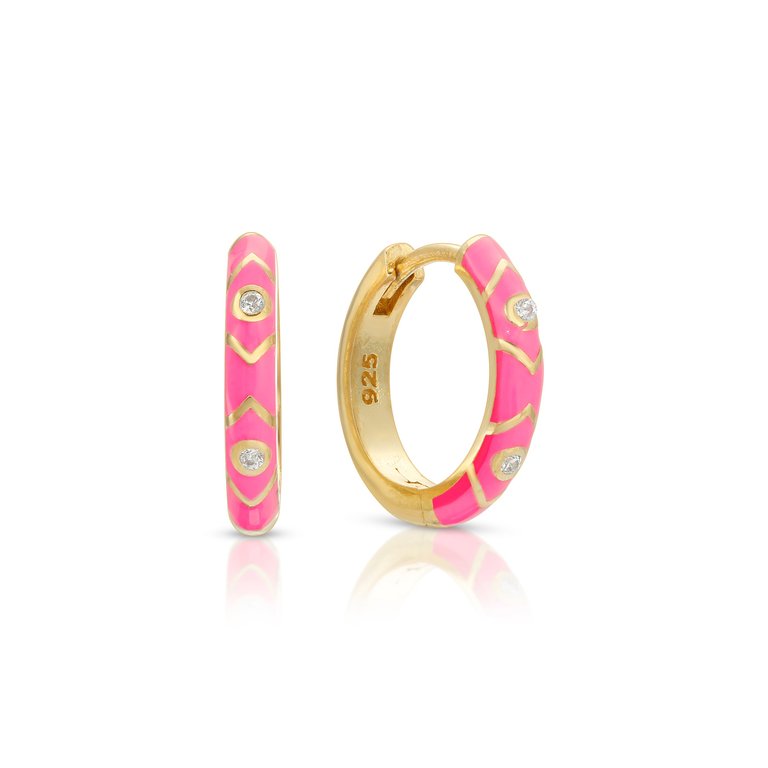CZ Enamel Colored Huggie Earring - Neon Pink