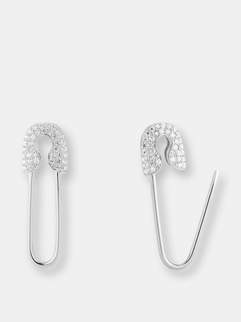 Solid X Pave Safety Pin Earring - Silver