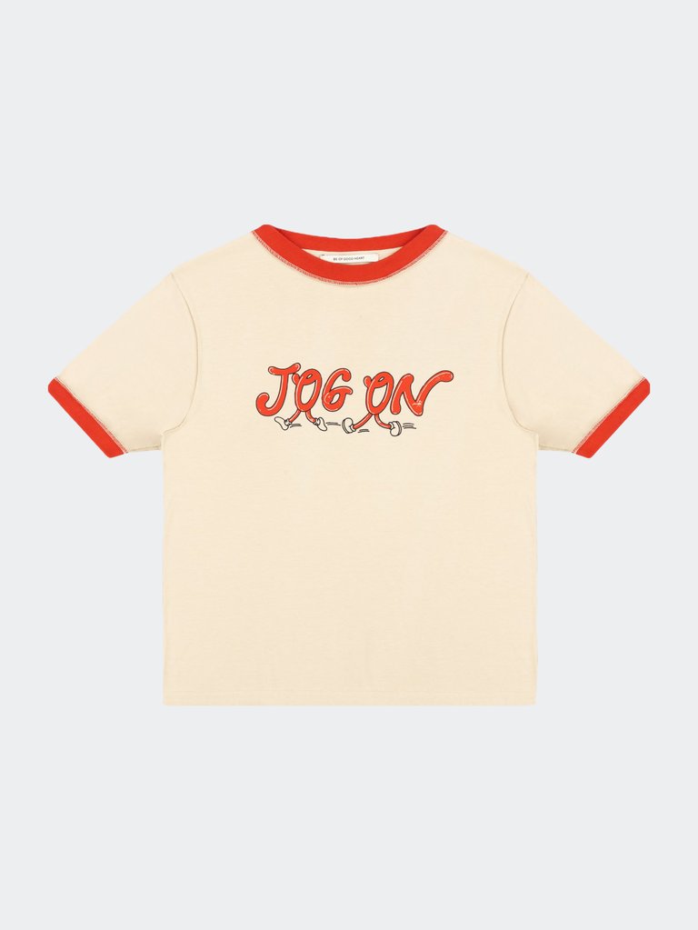 Jog On Ringer T-Shirt - Ash Wood/Red