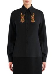 Women's Embroidered Foliage Silk Blouse Top - Black