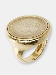 Hammered 18KT Gold Plated Ring With Coin - 18K YELLOW GOLD