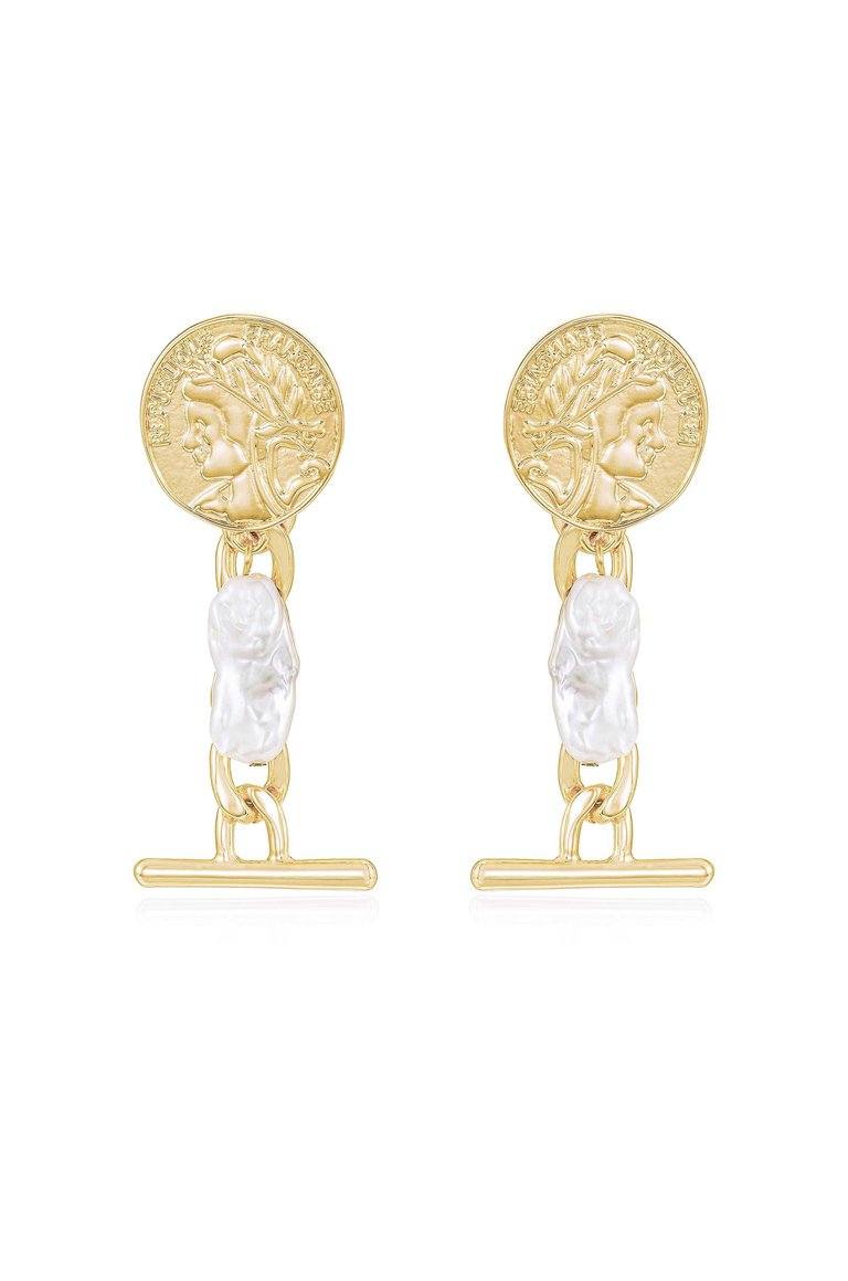 Ancient Coin And Pearl Charm 18k Gold Plated Drop Earrings - Gold