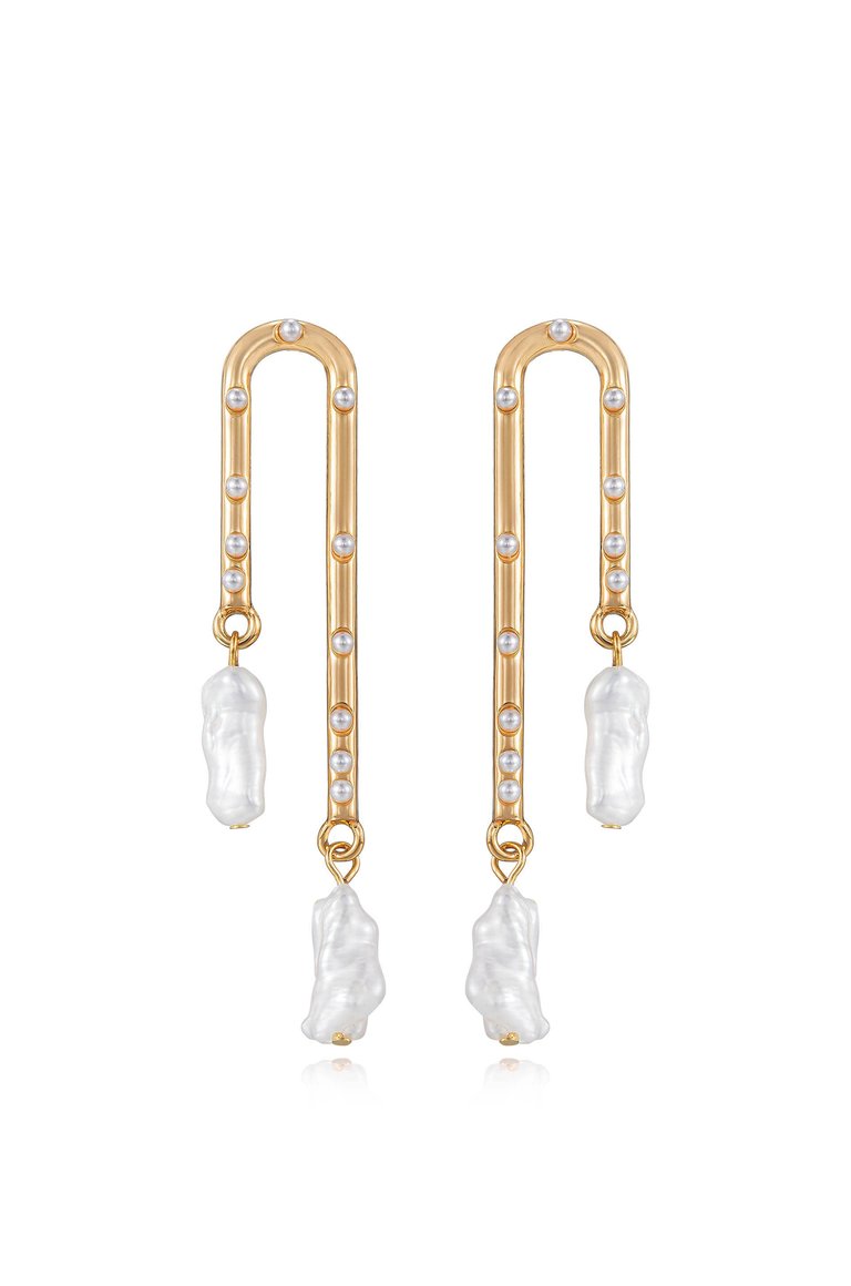 Asymmetrical Pearl Dangle 18k Gold Plated Earrings - Gold