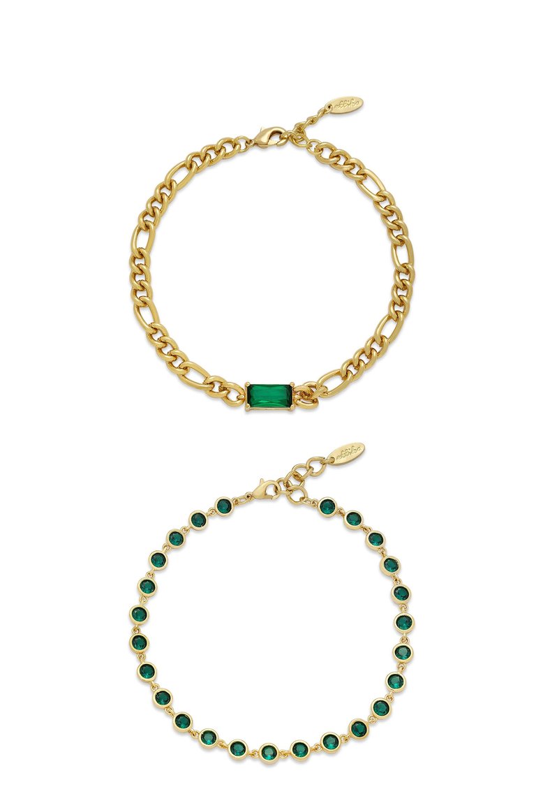 Bejeweled Emerald 18K Gold Plated Anklet Set - Gold