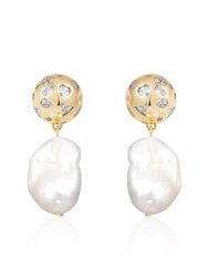 Bezel Ball Drop Pearl Earrings - Gold