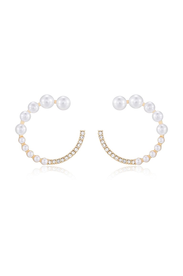 Chic Pearl And Crystal 18k Gold Plated Open Circle Earrings - Gold