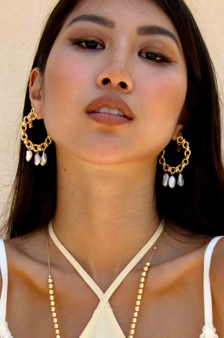 Chunky 18K Gold Plated Hoops With Freshwater Pearl Charms