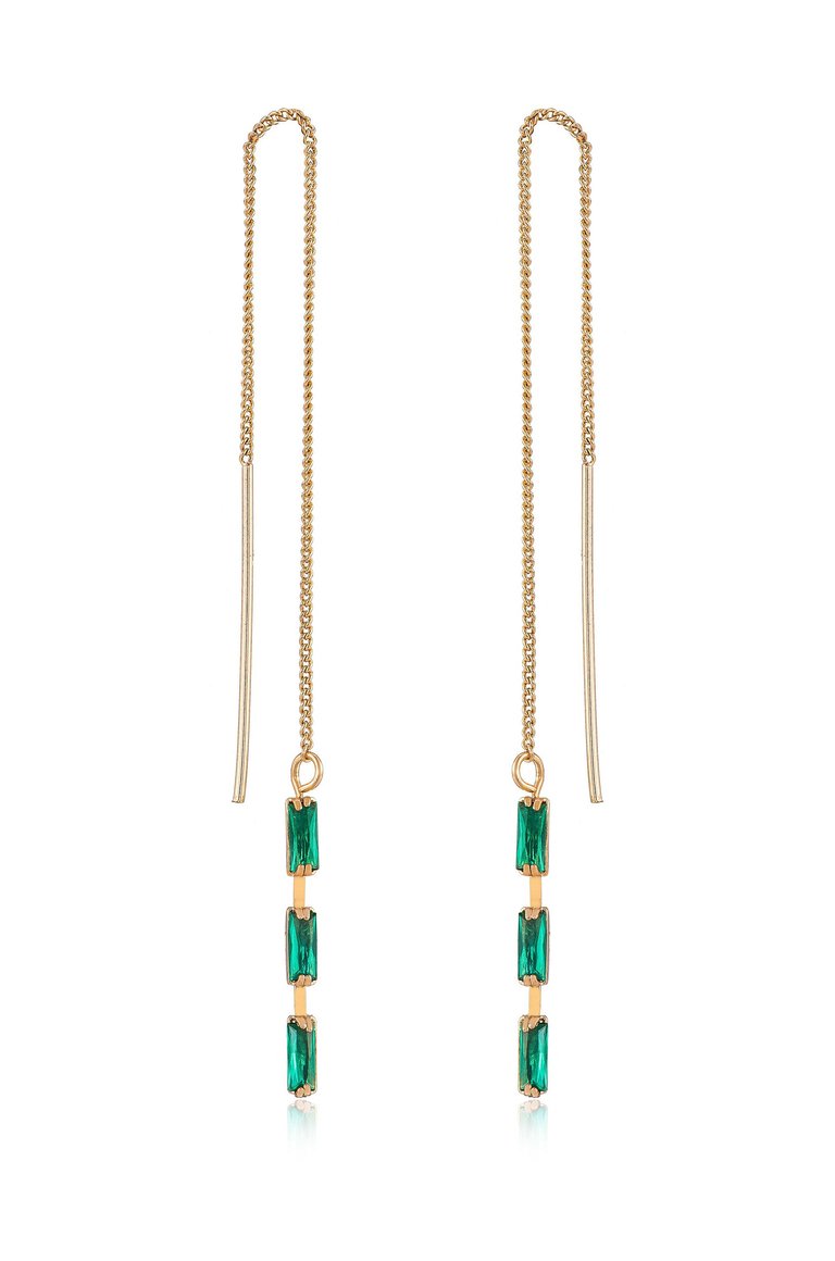 Crystal Baguette Threader Earrings -  Green Crystals