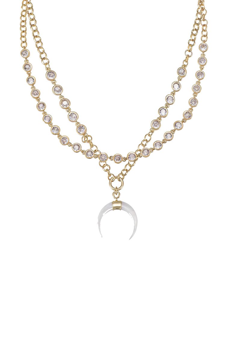 Crystal Dotted Horn Pendant 18k Gold Plated Necklace Set - Gold