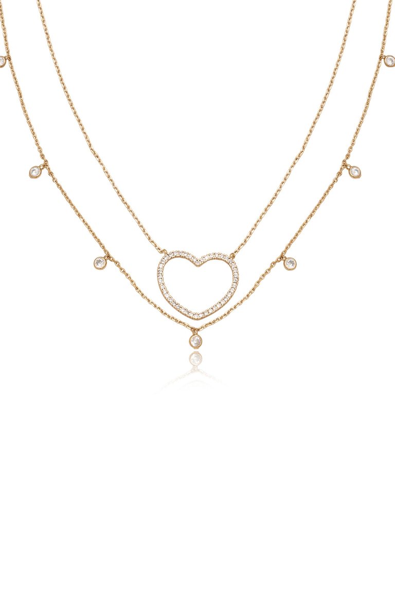 Crystal Heart And Drop Layered 18k Gold Plated Necklace Set of 2 - Gold