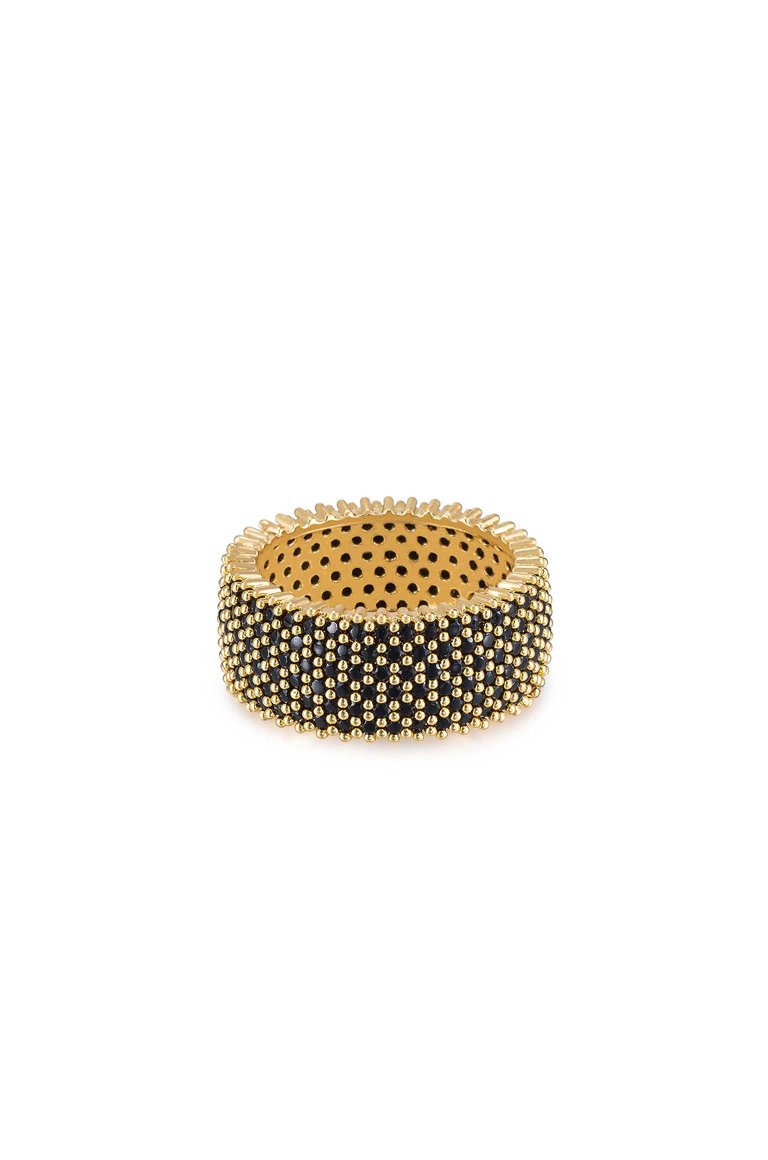 Crystal Thick Band 18k Gold Plated Ring - Black Crystals