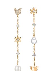 Daisy And Butterfly Pearl Dangle Earrings - Gold