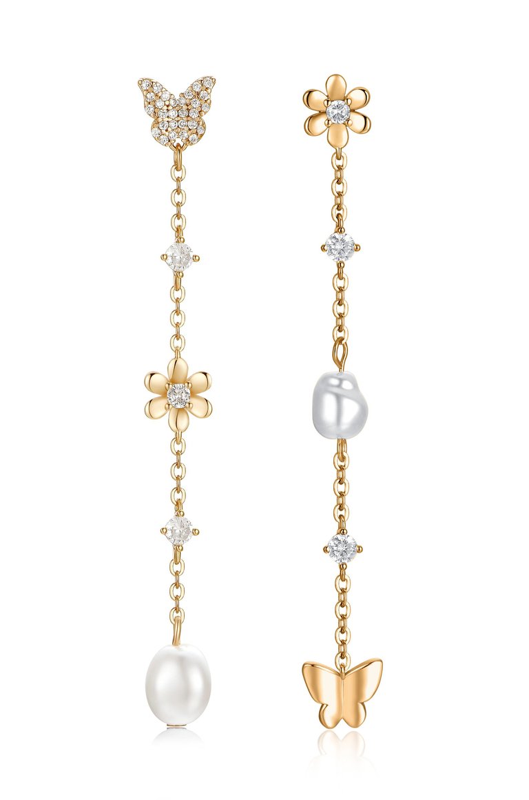 Daisy And Butterfly Pearl Dangle Earrings - Gold