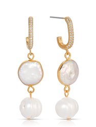 Dangling Freshwater Pearl Huggie Hoop Earrings - Gold
