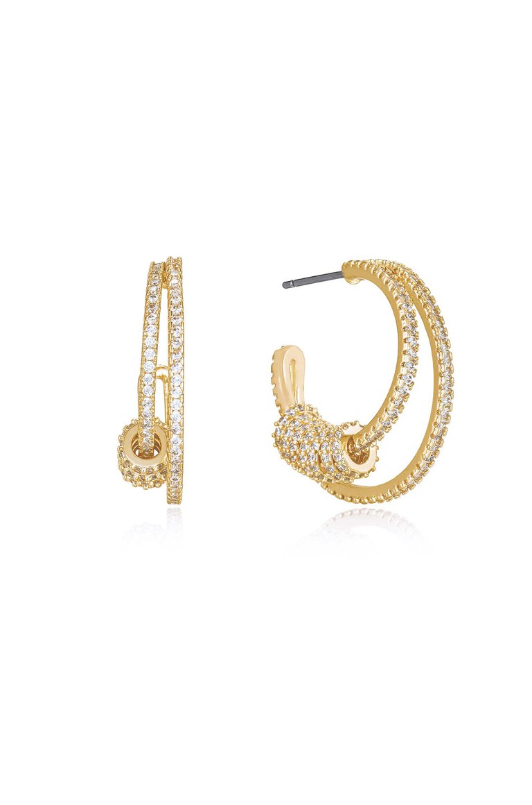 Double Crystal Pave Ring 18k Gold Plated Hoop Earrings - Gold