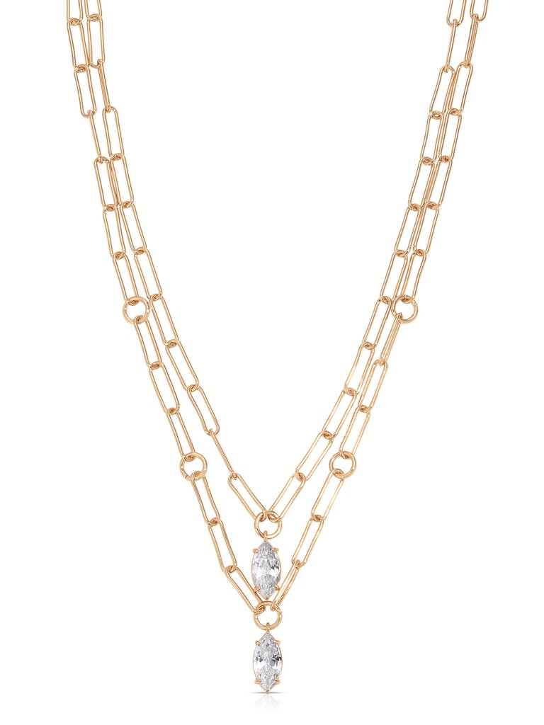 Double Layered Crystal Pendant Necklace - Gold