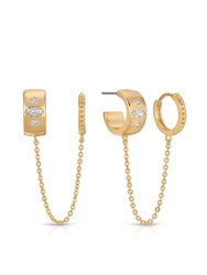 Double Piercing Bezel Crystal Dangle Earrings - Gold