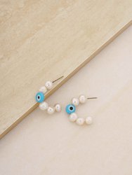 Evil Eye and Pearl Hoop 18k Gold Plated Earrings - Pearl