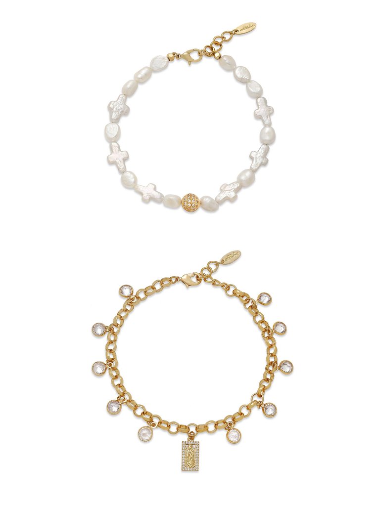 Faithful Pearl And 18k Gold Plated Chain Bracelet Set - Gold