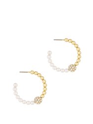 Golden Ball, Pearl, and Crystal 18k Gold Plated Hoops - Gold