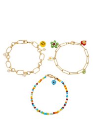 Happiness Beaded and 18k Gold Plated Charm Bracelet Set - Gold