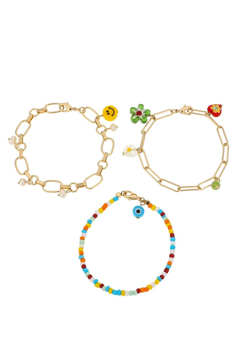 Happiness Beaded and 18k Gold Plated Charm Bracelet Set - Gold