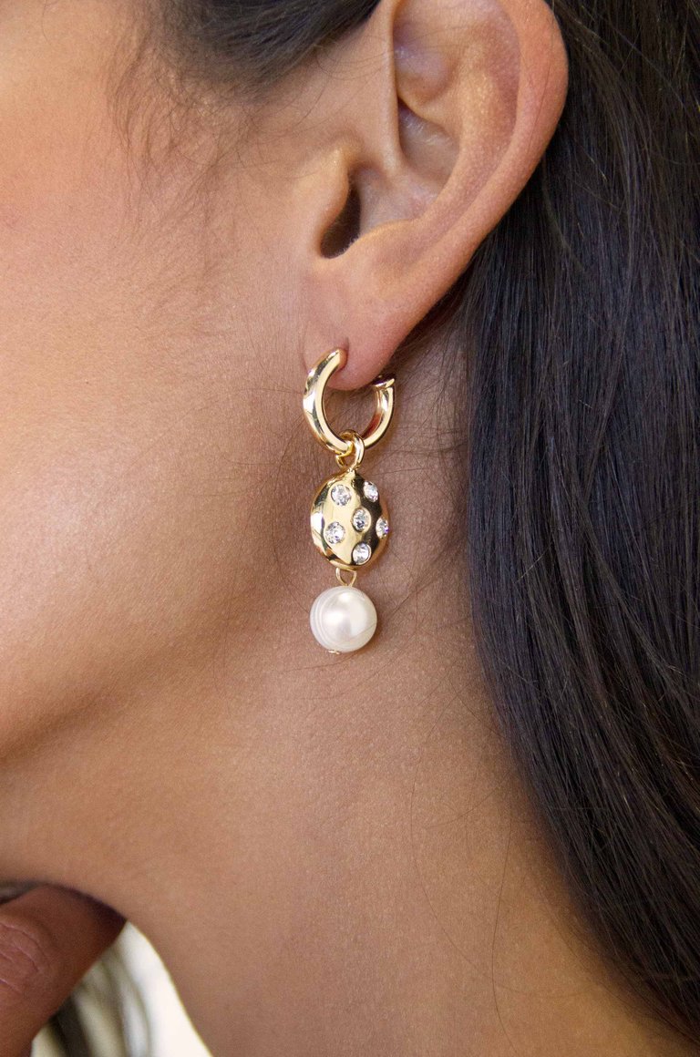 Mini Pearl and Crystal Disc 18k Gold Plated Dangle Earrings - Gold