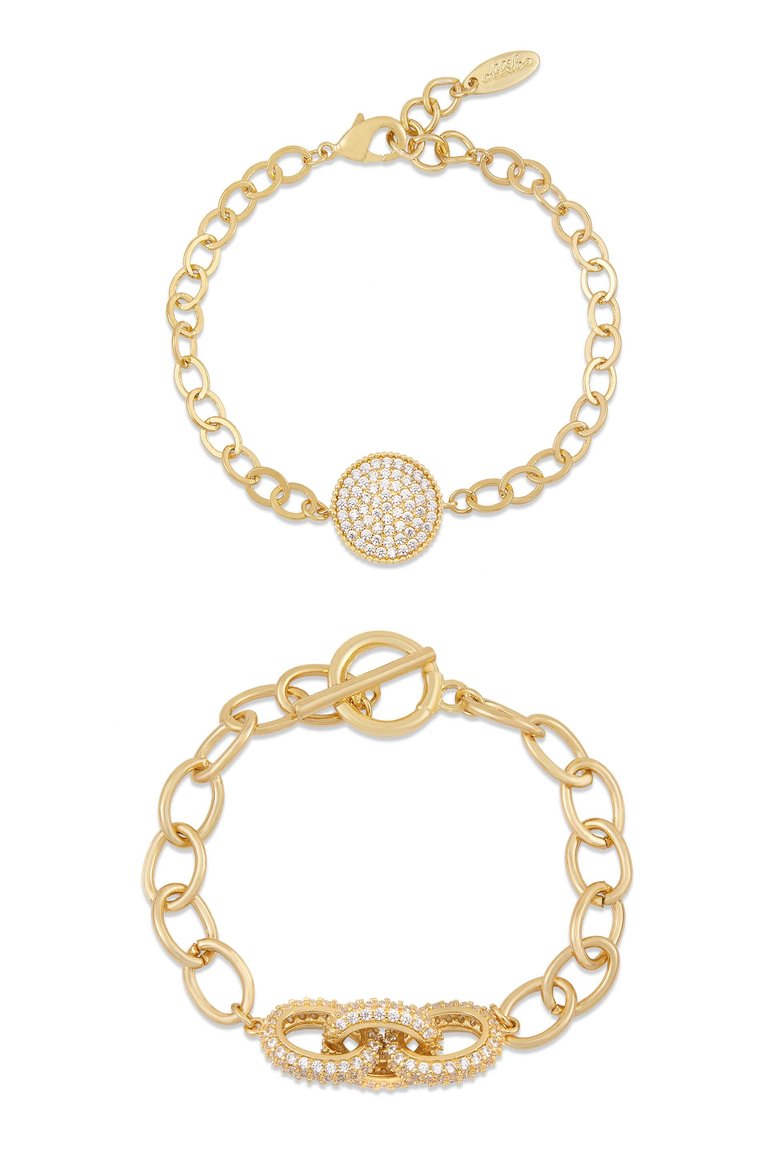 Mixed Crystal Disc & 18k Gold Plated Link Chain Bracelet Set - Gold