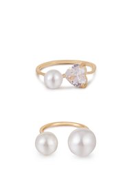 Multi-pearl & Crystal Adjustable 18k Gold Plated Ring Set - Gold