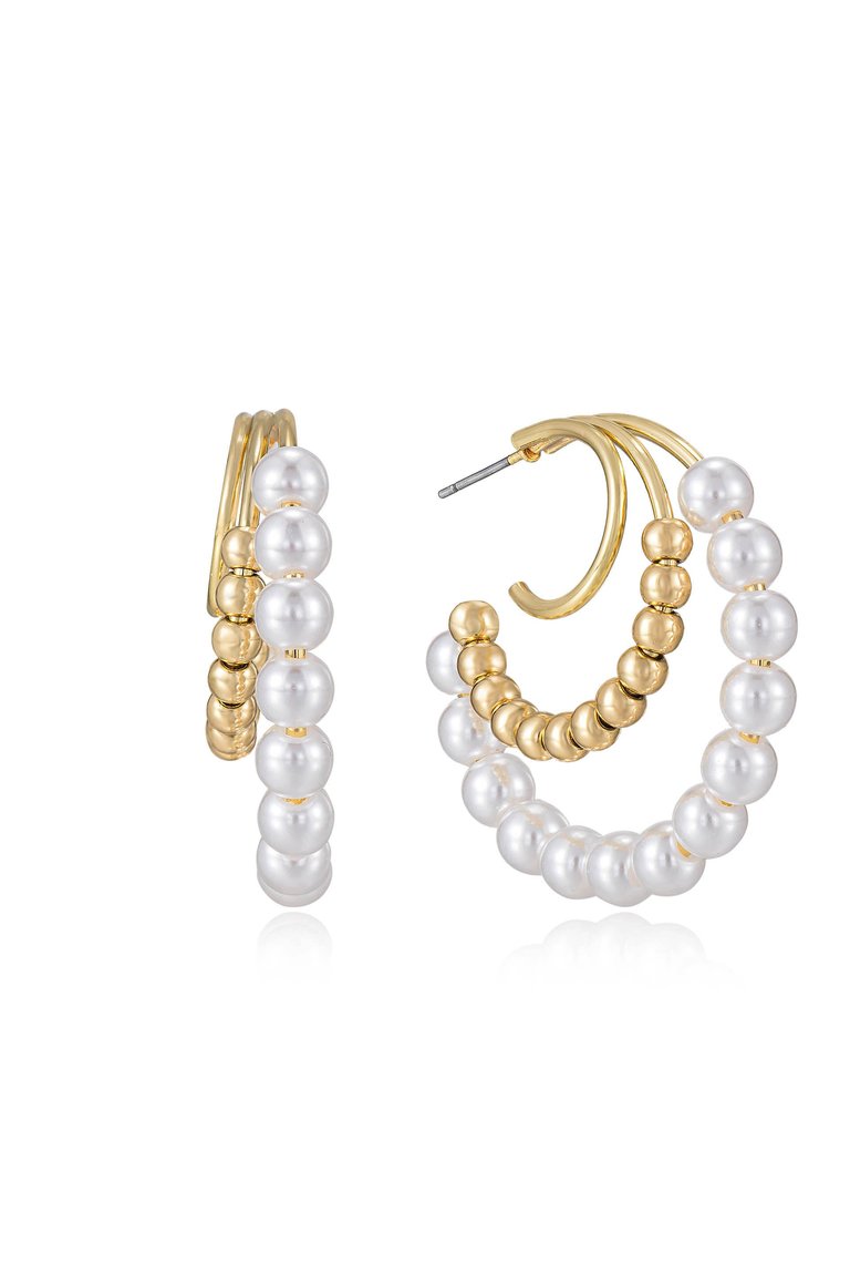 Pearl and 18kt Gold Plated Beaded Hoop Earrings - 18k Gold Plated