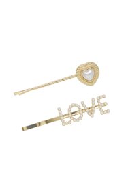 Pearl And Gold Love Heart Hair Pin Set - Gold