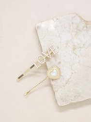 Pearl And Gold Love Heart Hair Pin Set