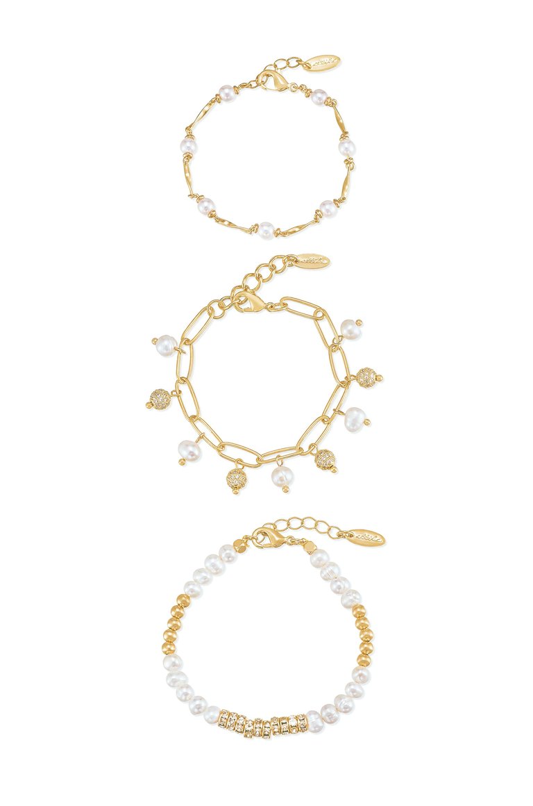 Pearl Party 18k Gold Plated Bracelet Set of 3 - Gold