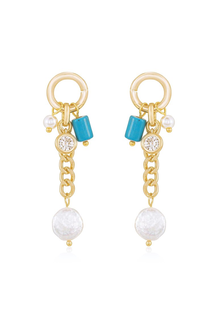 Pearl, Turquoise, And Crystal Charm 18k Gold Plated Dangle Earrings - Gold