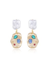 Rainbow Crystal Nugget & Pearl 18K Gold Plated Earrings - Gold