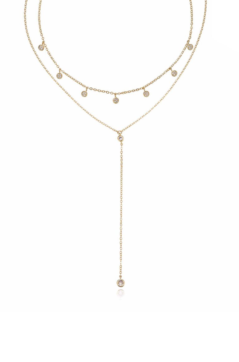 Simplistic Crystal Layered 18k Gold Plated Lariat Necklace Set - 18k Gold Plated