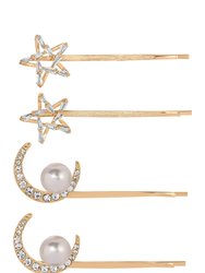 Spell Casting Crystal and Pearl Hair Pins - Gold