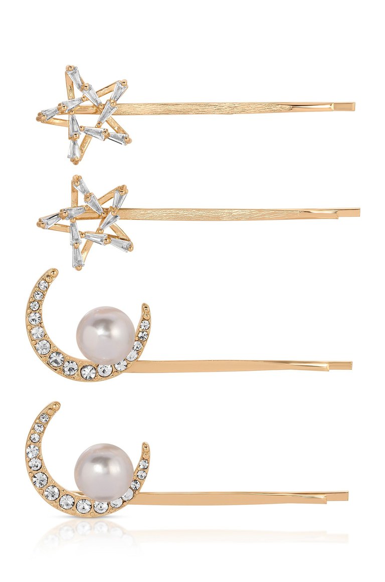 Spell Casting Crystal and Pearl Hair Pins - Gold