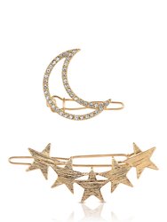Stars and Moon Set of 2 Hair Barrettes in Gold