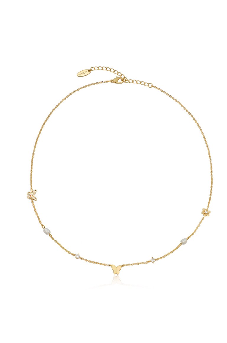 Subtle Butterflies And Pearl Necklace - 18k Gold Plated