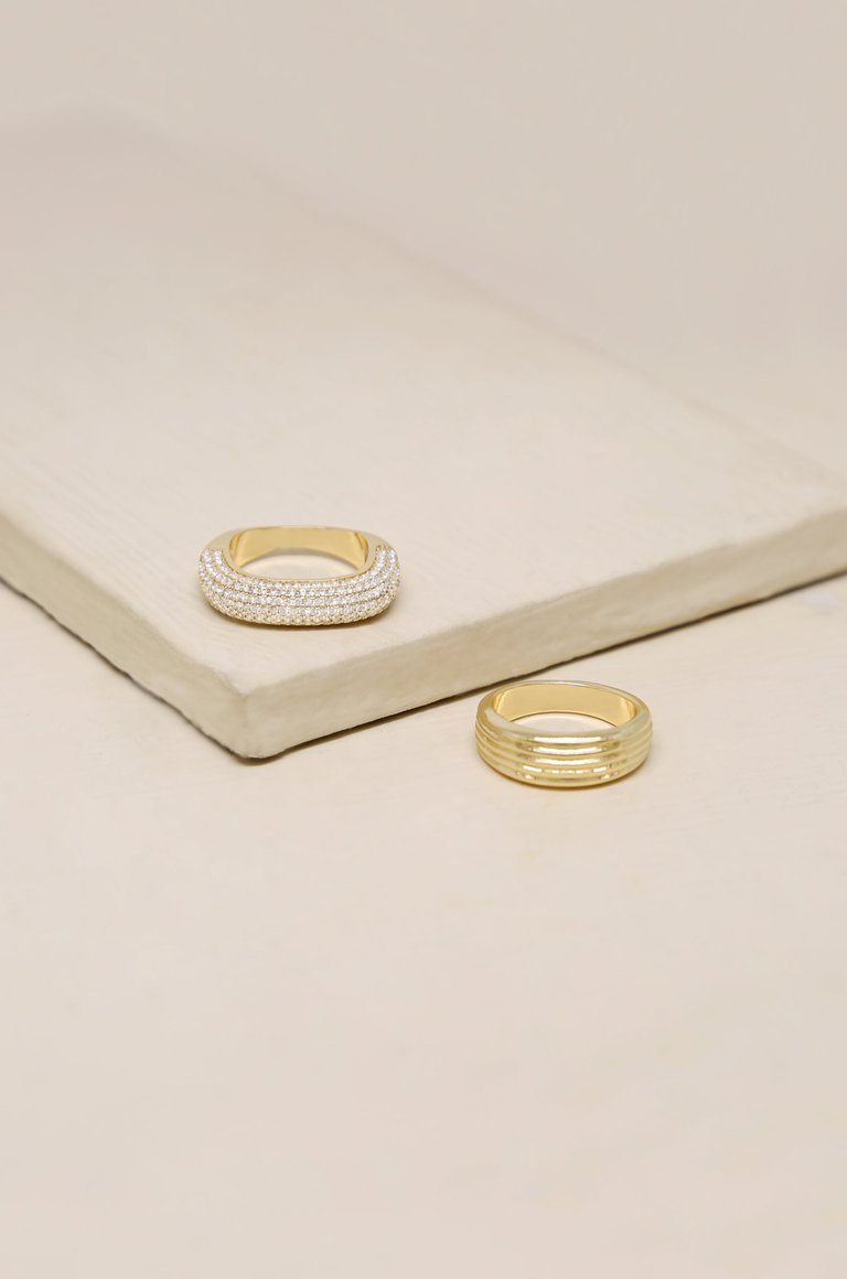 Thick Pave & Textured 18k Gold Plated Ring Band Set - Gold
