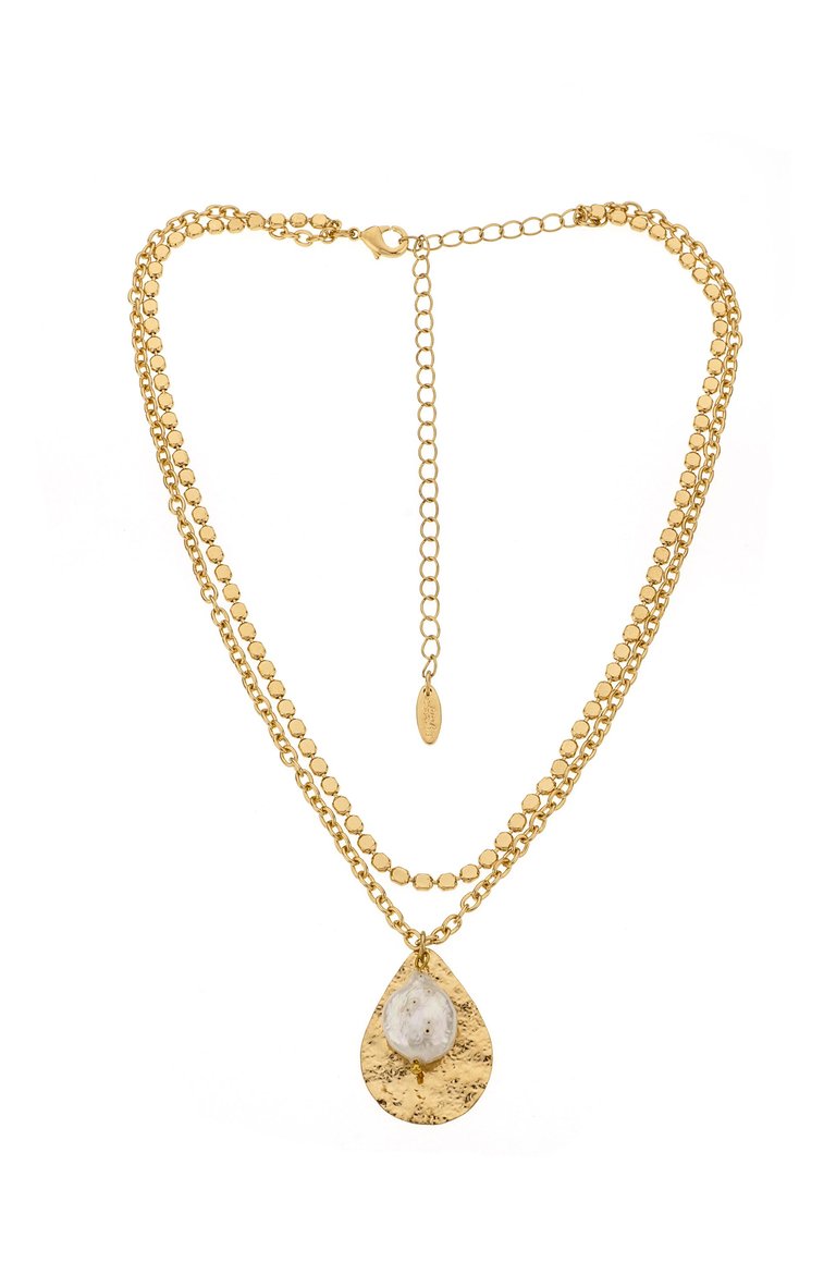 Timeless Hammered 18k Gold Plated and Pearl Pendant Necklace - 18k Gold Plated