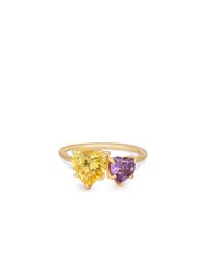 Toi Et Moi Heart And Mini Heart 18k Gold Plated Ring -  Yellow and Amethyst