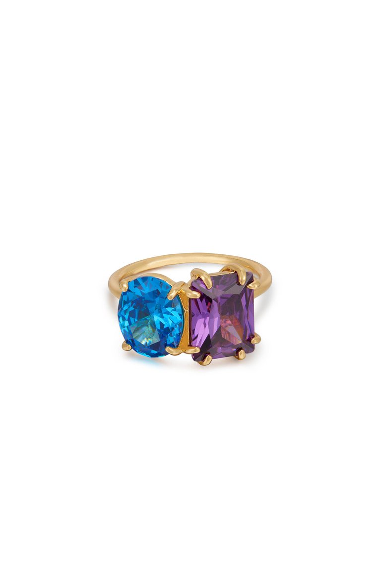 Toi Et Moi Unity Crystals 18k Gold Plated Ring - Amethyst And Blue Topaz