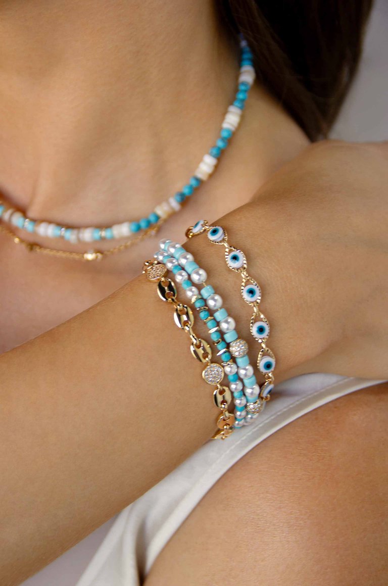 Turquoise and Pearl Protection Spell 18k Gold Plated Bracelet Set